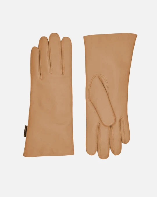 Classic female leather gloves in camel and with warm wool lining, RHANDERS.