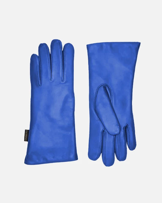 Klassisk og tidløs læderhandske til kvinder med varmt uldfor i farven cobalt blå.