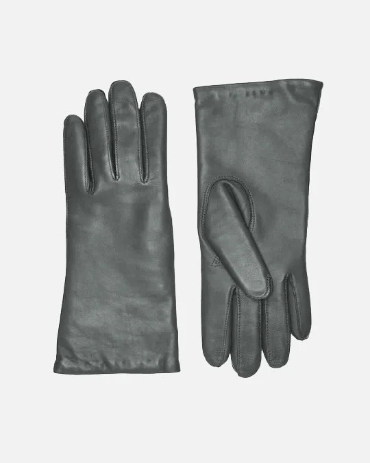 Classic female leather gloves in grey and with warm wool lining, RHANDERS.