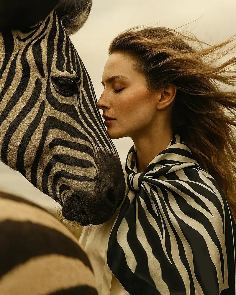 The Aida Zebra Scarf is made of 100% silk and available in two sizes: Small (52 x 52 cm) and Large (100 x 100 cm).