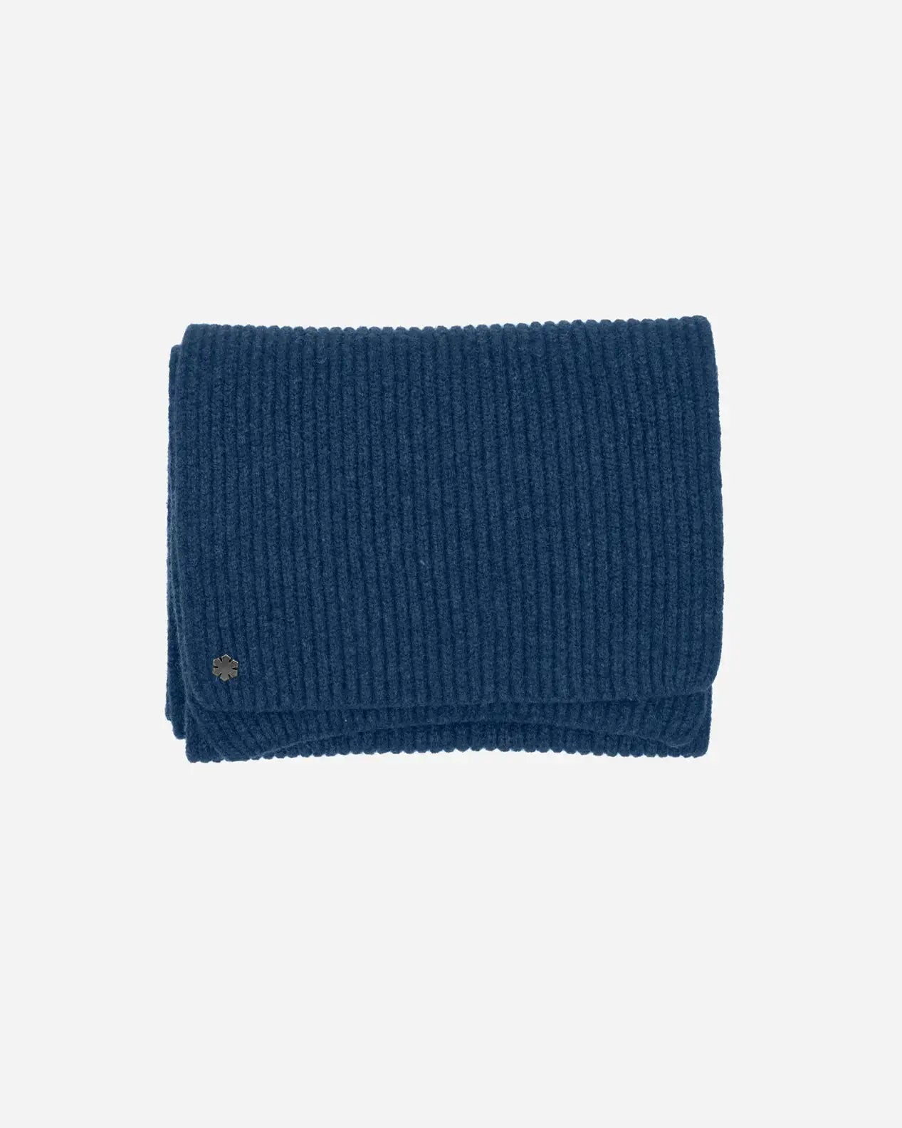 The Alex Scarf in the colour atlantic blue adorned with a hematite-plated Kalmus flower in one corner.