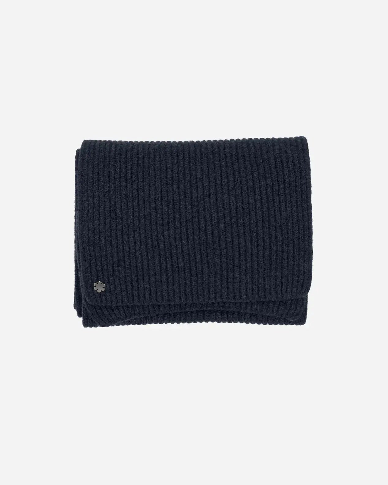 Navy Alex Scarf adorned with a 14 karat hematit-plated Kalmus flower in one corner.