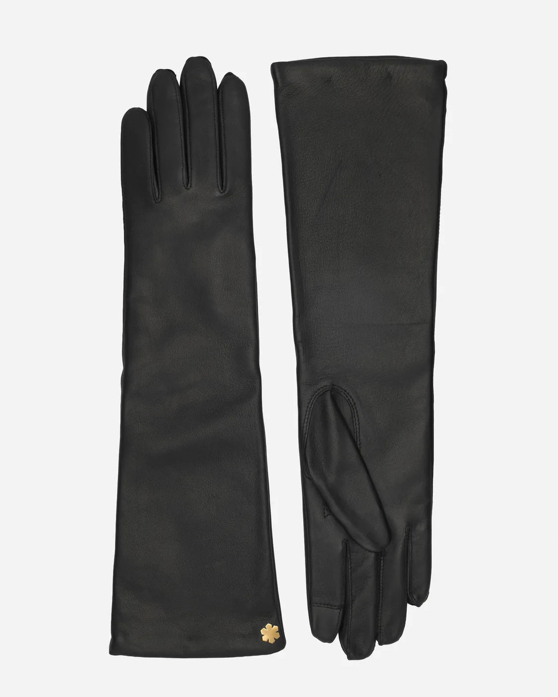 The Anna Opera gloves from RHANDERS is crafted from the finest lamb leather, adorned with 14 karat gold-plated Kalmus flower and an elegant long design measuring 8'' in length.