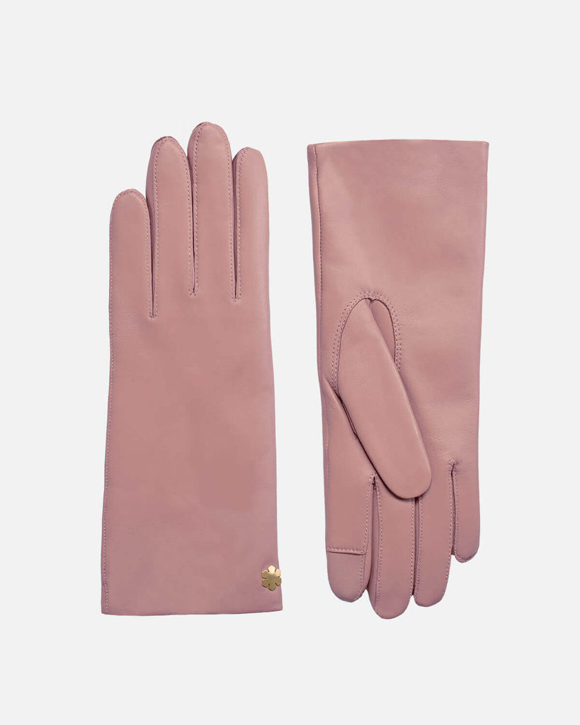 Klassiske RHANDERS rosa skindhandsker med strikfor og touch funktion.