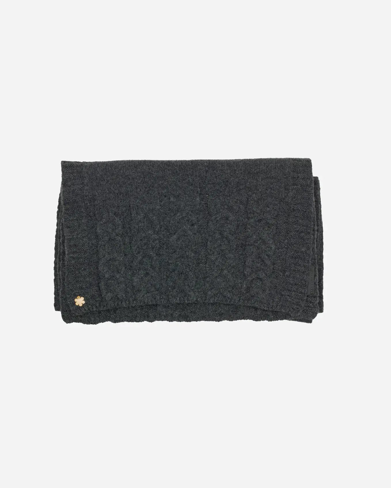 Light grey Arie Scarf adorned with knitted details and a 14 karat gold-plated Kalmus flower in one corner.