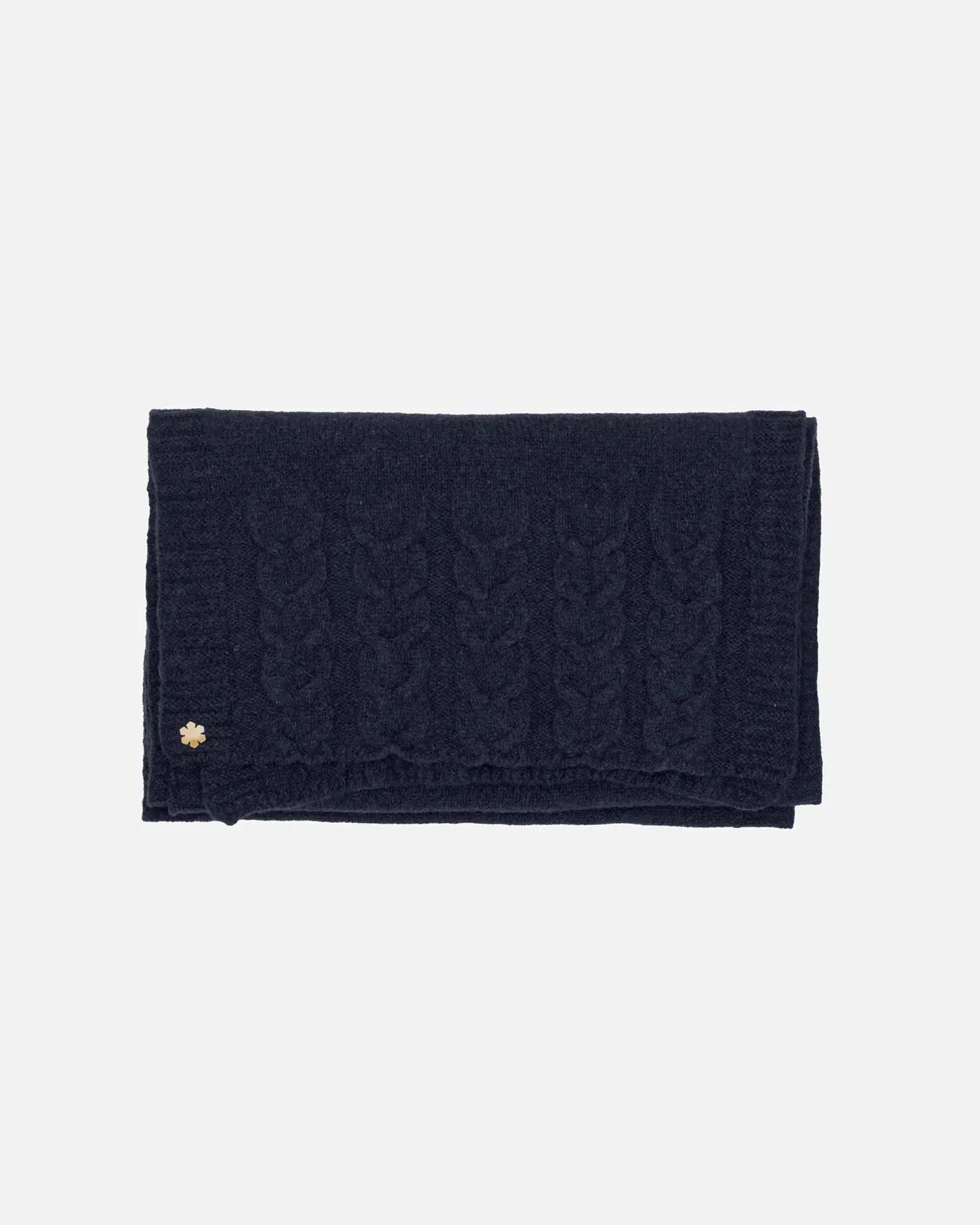 Navy Arie Scarf adorned with knitted details and a 14 karat gold-plated Kalmus flower in one corner.