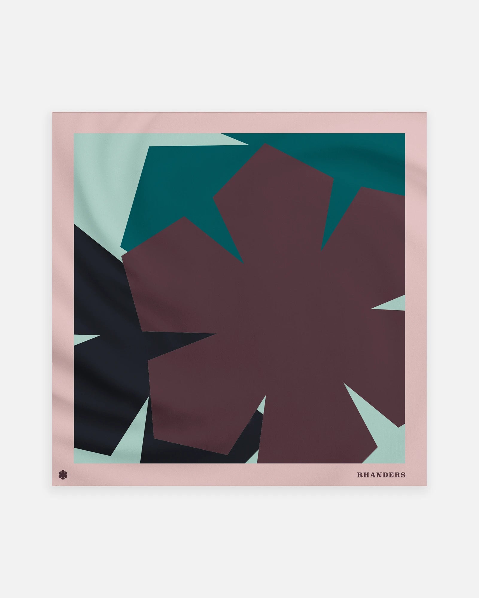 Multicoloured Grand Kalmus Scarf adorned with three Kalmus flowers in a grand graphical format and a coloured frame featuring our Kalmus flower, RHANDERS, and DENMARK 1811.