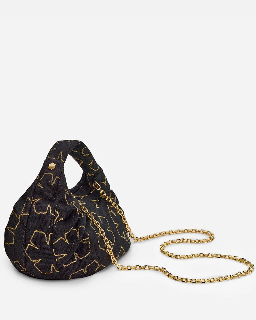 Unik håndsyet designer taske i uld dekoreret med RHANDERS signaturblomst Kalmus i guld glimmer