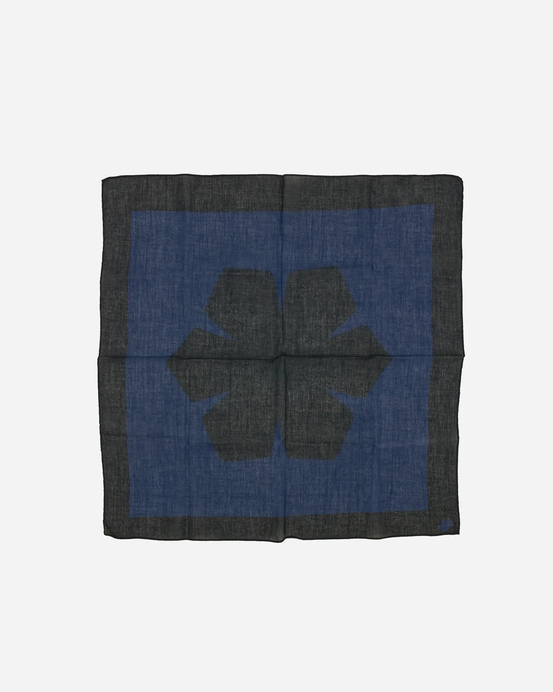 The Aida Scarf in the colour black / navy adorned with a grand, centered Kalmus flower and a coloured frame featuring our Kalmus flower, RHANDERS, and DENMARK 1811.