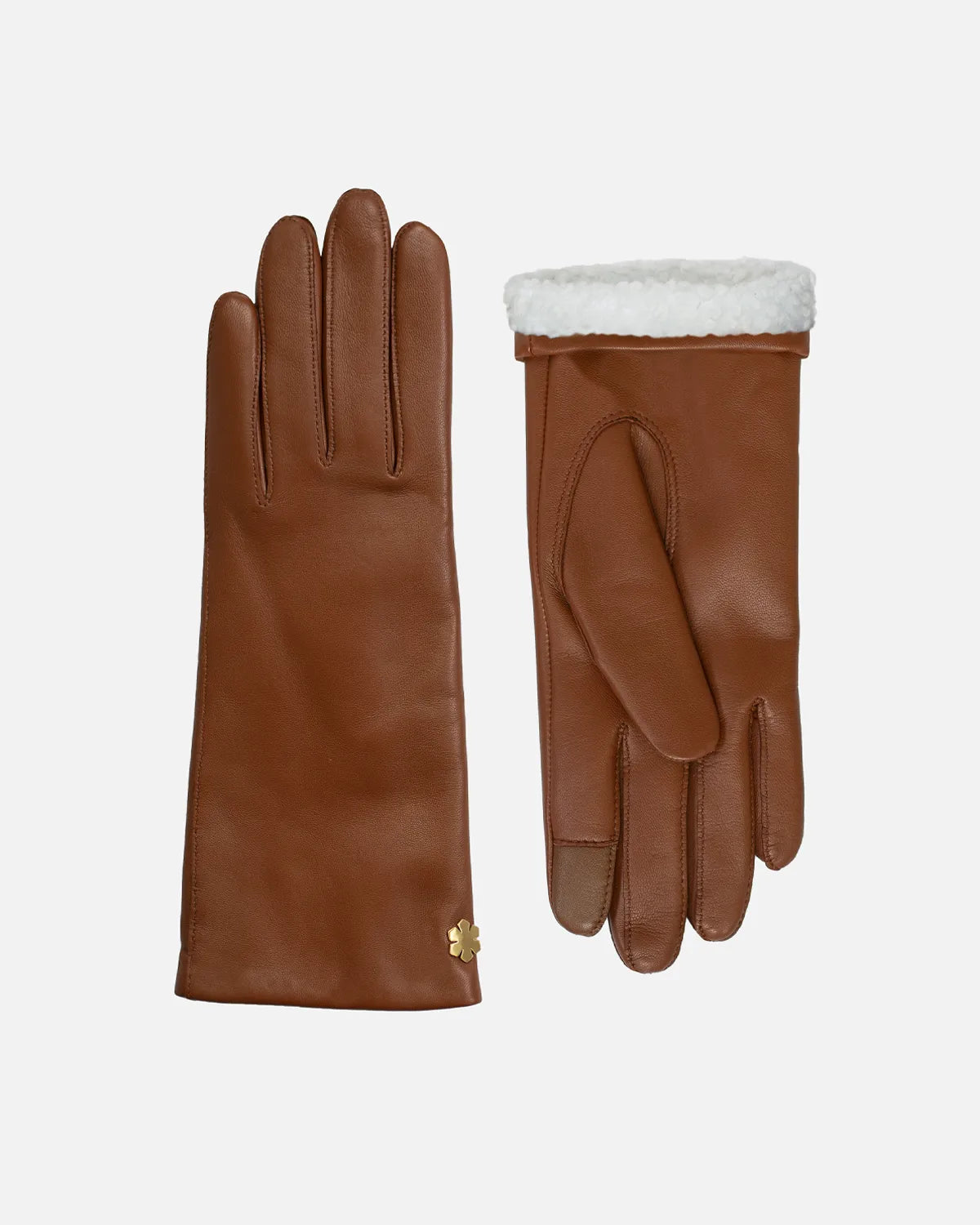 Warm female leather glove, in the colour cognac, with soft curly slink lining and touch from RHANDERS