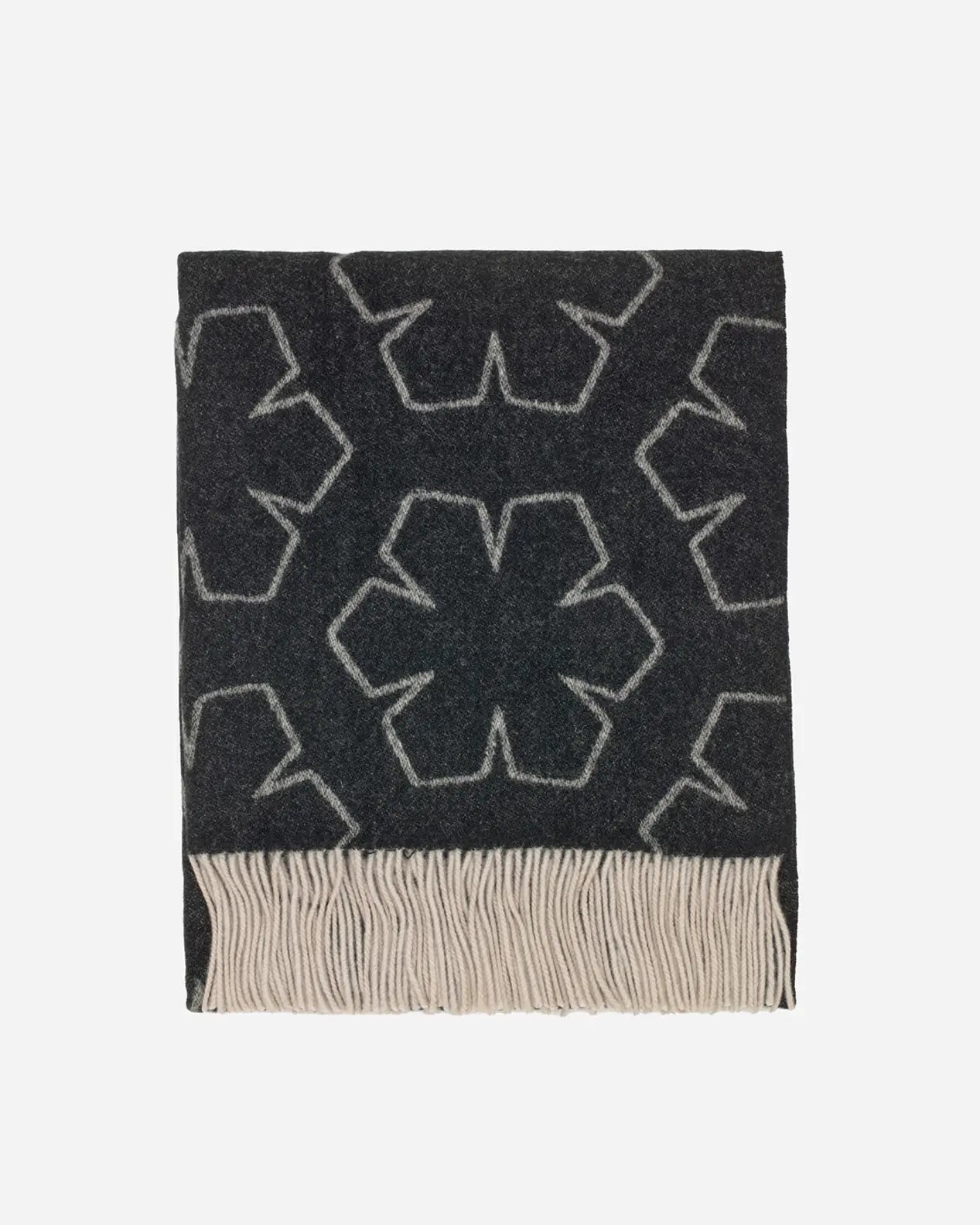 Dark Grey Astrid Scarf adorned with fringes and a pattern of Kalmus flowers.