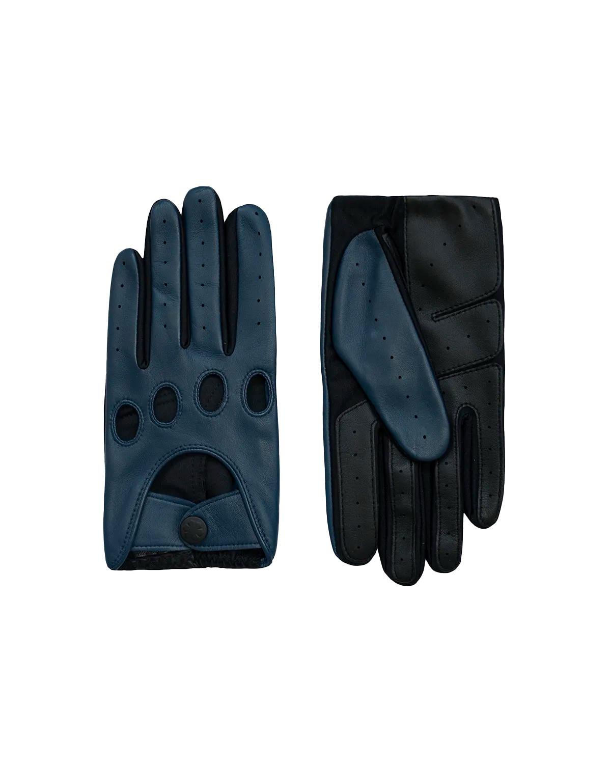 One-size driving gloves for men from RHANDERS. Crafted from lamb leather in a stunning deep blue colour, adorned with a mat black Kalmus button.