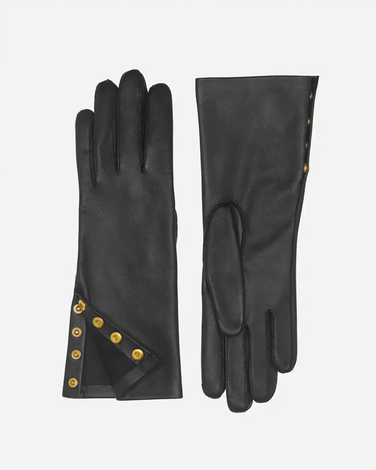 Feminine og elegante sorte handsker fra RHANDERS. Smørblødt lammeskind med 14 karat guldbelagte detaljer.
