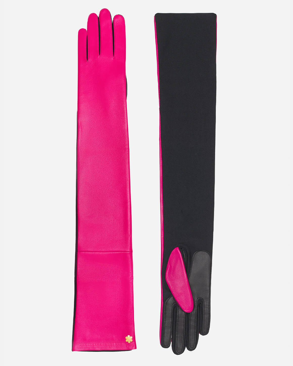Meet our “Sophia 16’’ One-size” women’s gloves in a hot pink edition from RHANDERS. The shoulder-long gloves are crafted from lamb leather offering a butter-soft touch, adorned with a 14 karat gold-plated Kalmus flower.