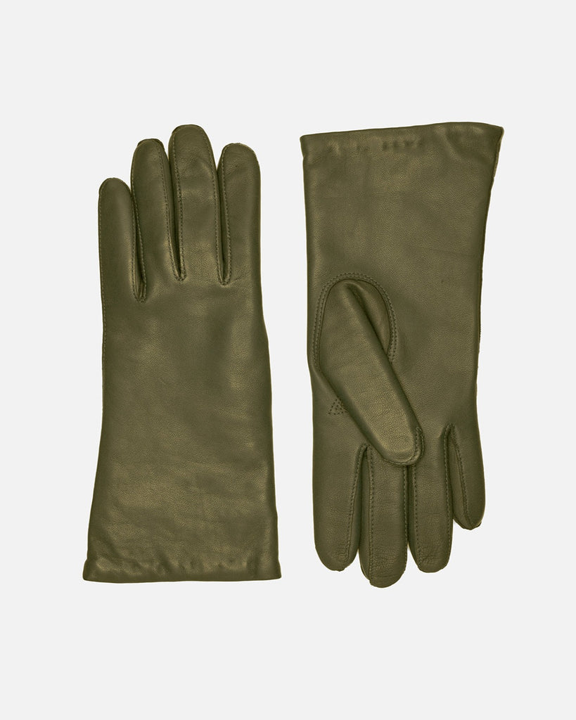 Classic and timeless leather glove for women with warm wool lining in the colour army.
