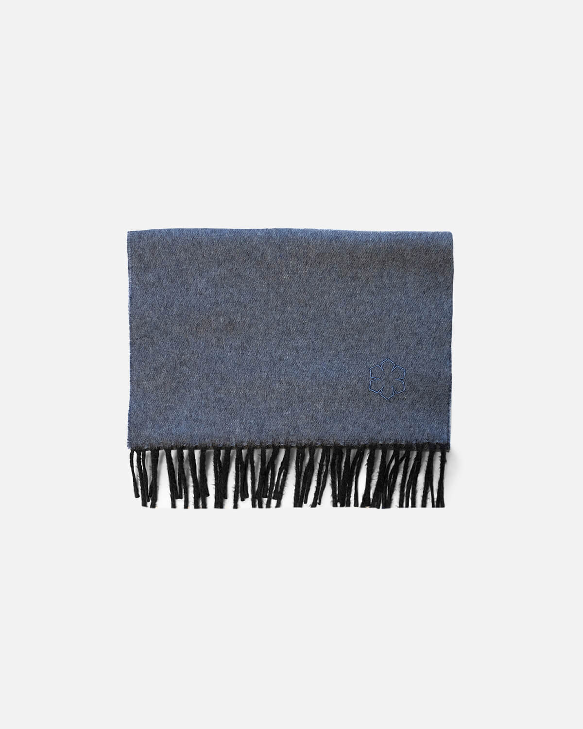 Light grey Churchill women's scarf adorned with fringes and an embroidered outline Kalmus flower in one corner.