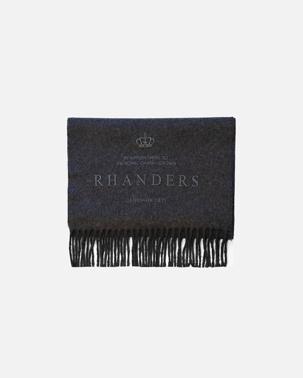 The Churchill Scarf for women in the colour charcoal adorned with fringes and the full RHANDERS logo.