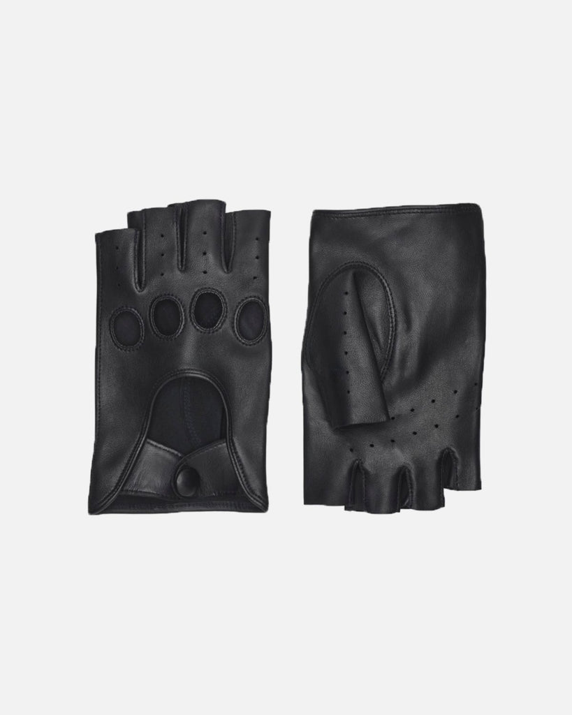 Men's leather gloves in black with half fingers, RHANDERS.