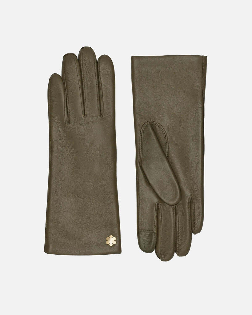 RHANDERS female leather gloves in army, with wool lining and touch.