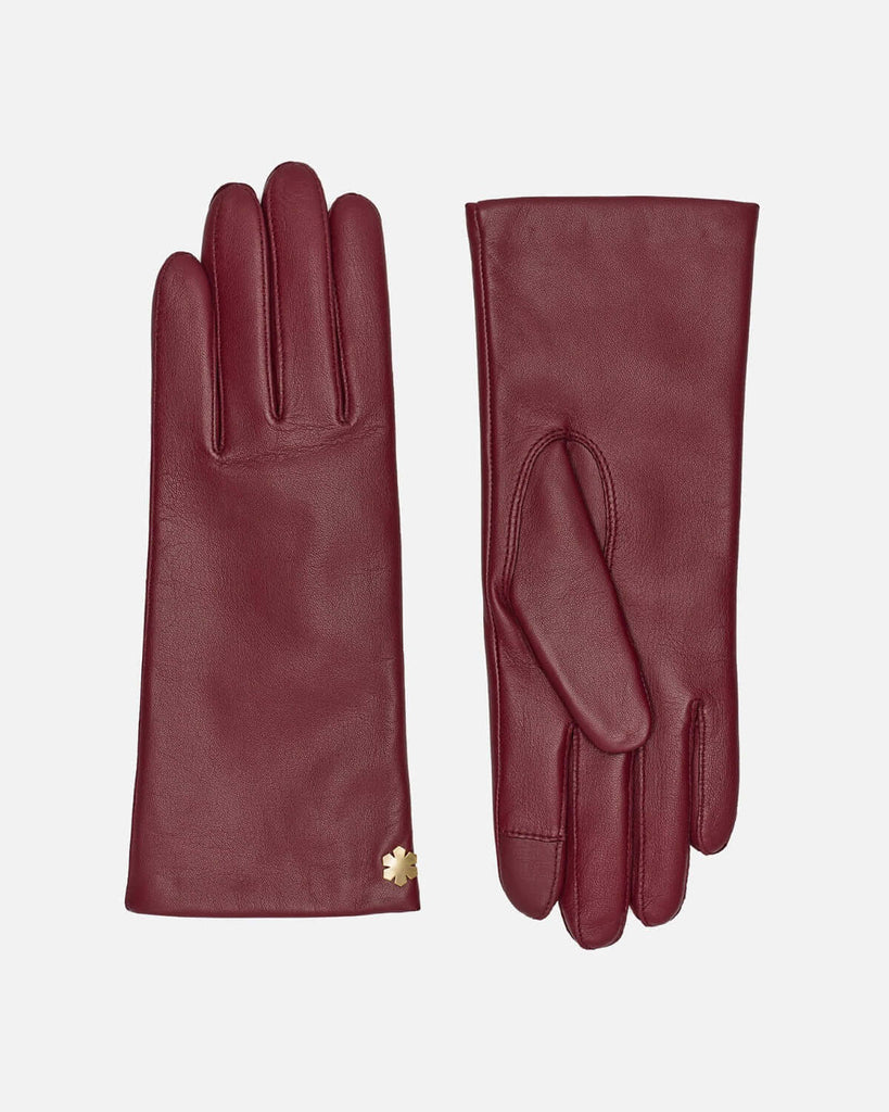 RHANDERS female leather gloves in deep red, with wool lining and touch from RHANDERS.