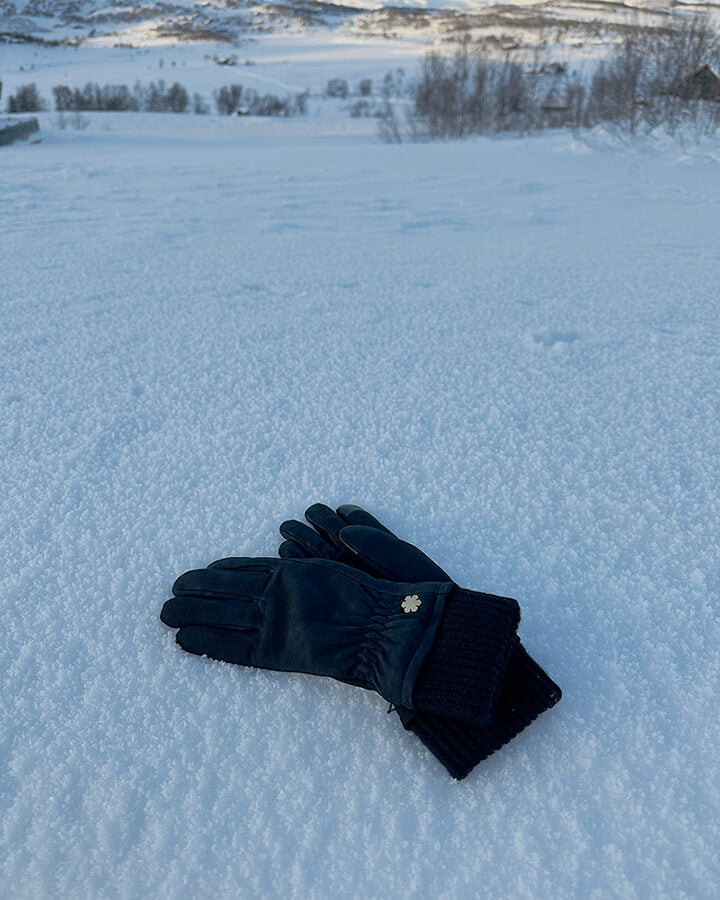 The Arietta women’s glove is crafted from goat nappa leather in navy blue with 14 karat gold-plated Kalmus flower.