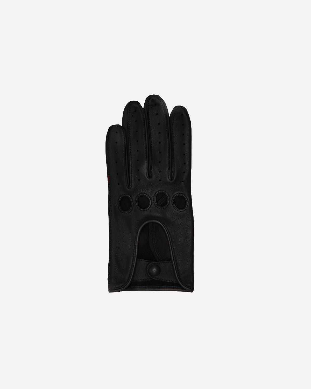 Classic and timeless driving gloves for women, “Diana”. Crafted from lamb leather adorned with a hematite-plated Kalmus flower, RHANDERS.