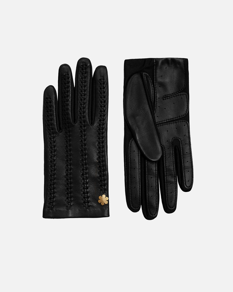 One-size female leather gloves in black with touch from RHANDERS.