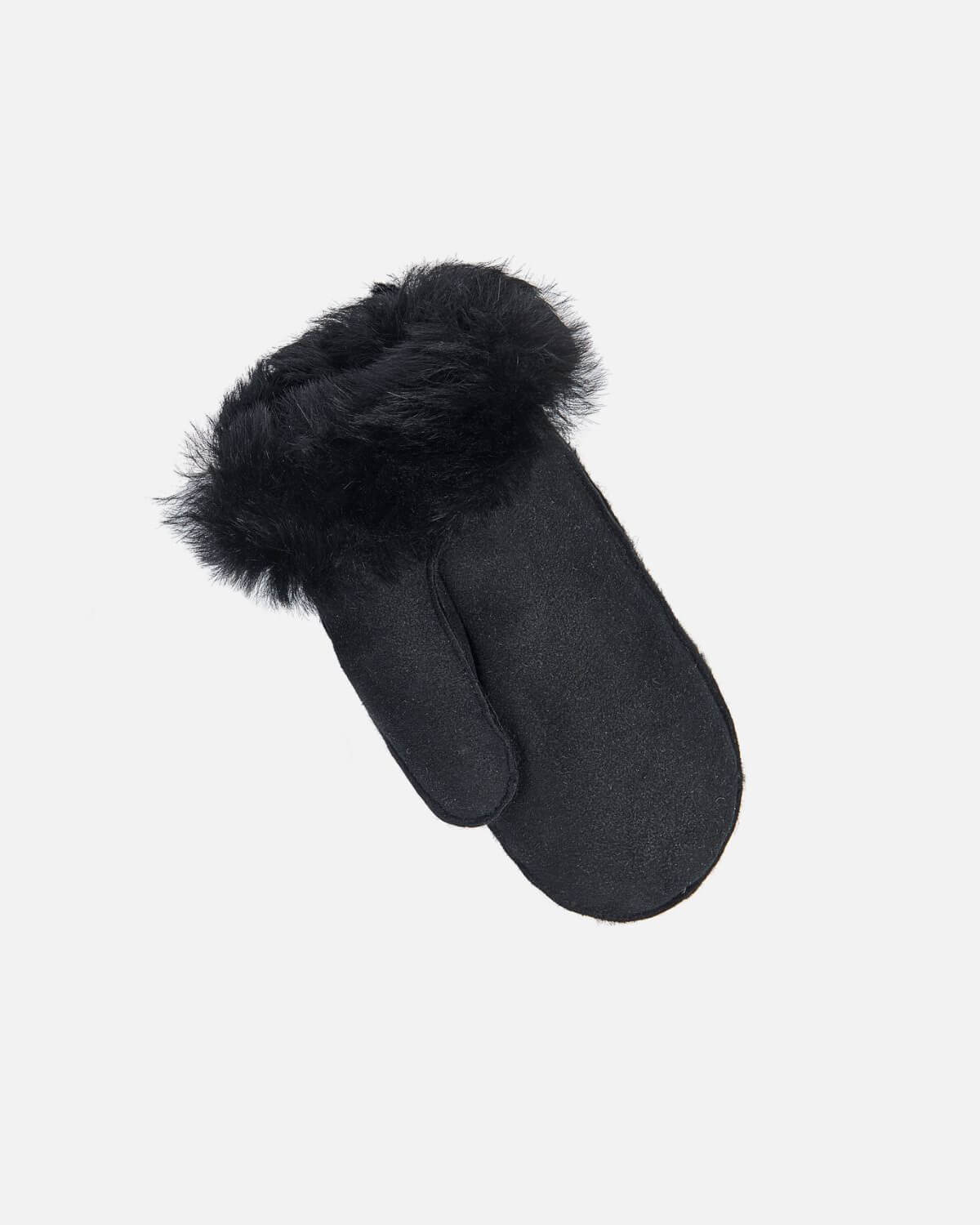 The “Helena Heart” mitten in black is crafted from lamb leather with the butter-soft double-face long-haired soft lamb lining.