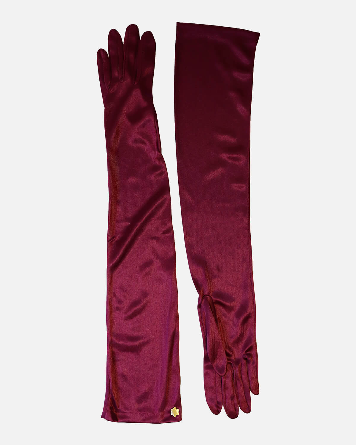 “Sophia 16’’” shoulder-long satin glove for women is crafted from 100% nylon allowing the glove to have a stretchy fit, yet is true to size. The gloves have a glamorous satin shine and is adorned with 14 karat gold-plated flowers.