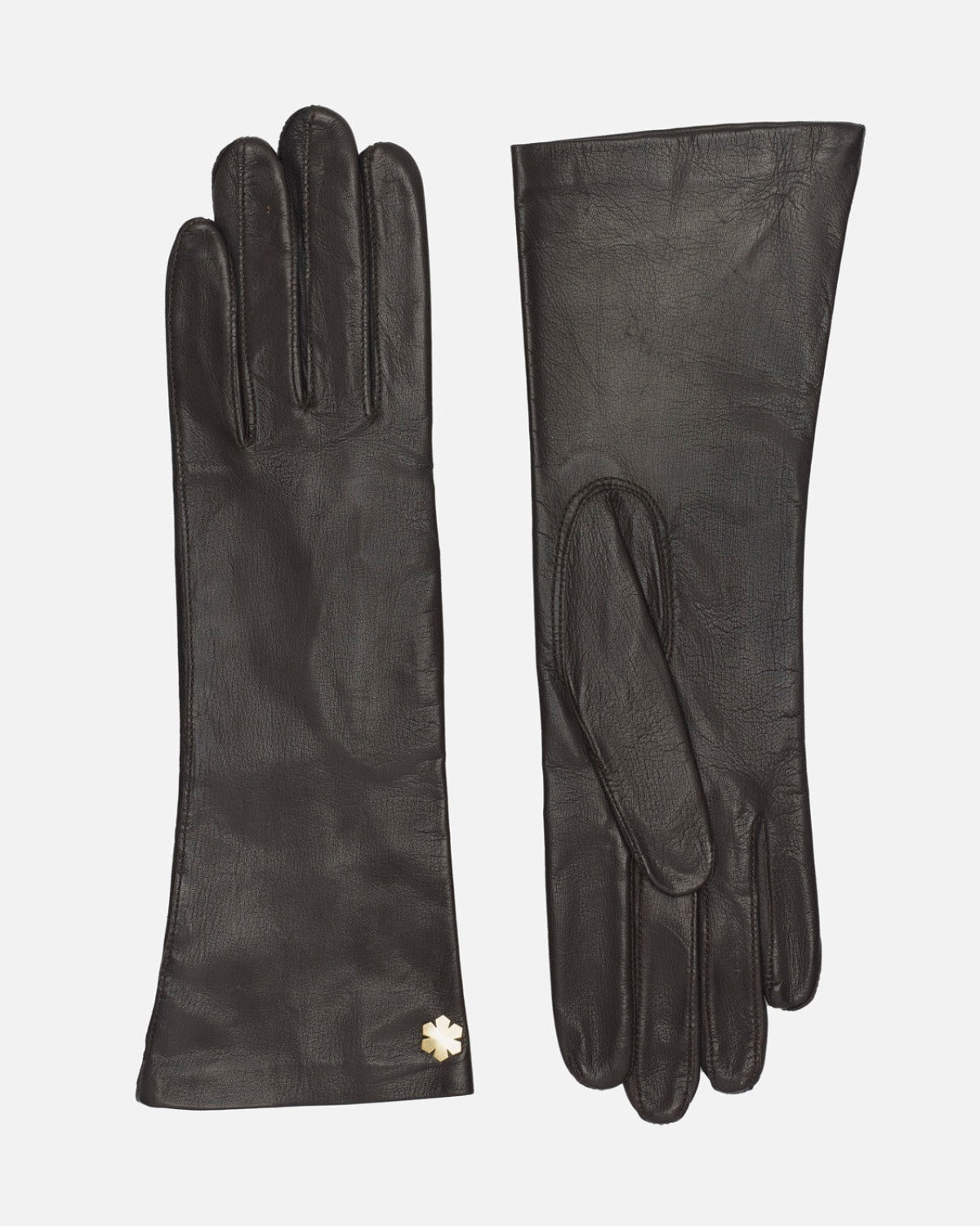 Klassiske skindhandsker til kvinder med silkefor og forgyldt Kalmus blomst fra RHANDERS, Randers Handsker.