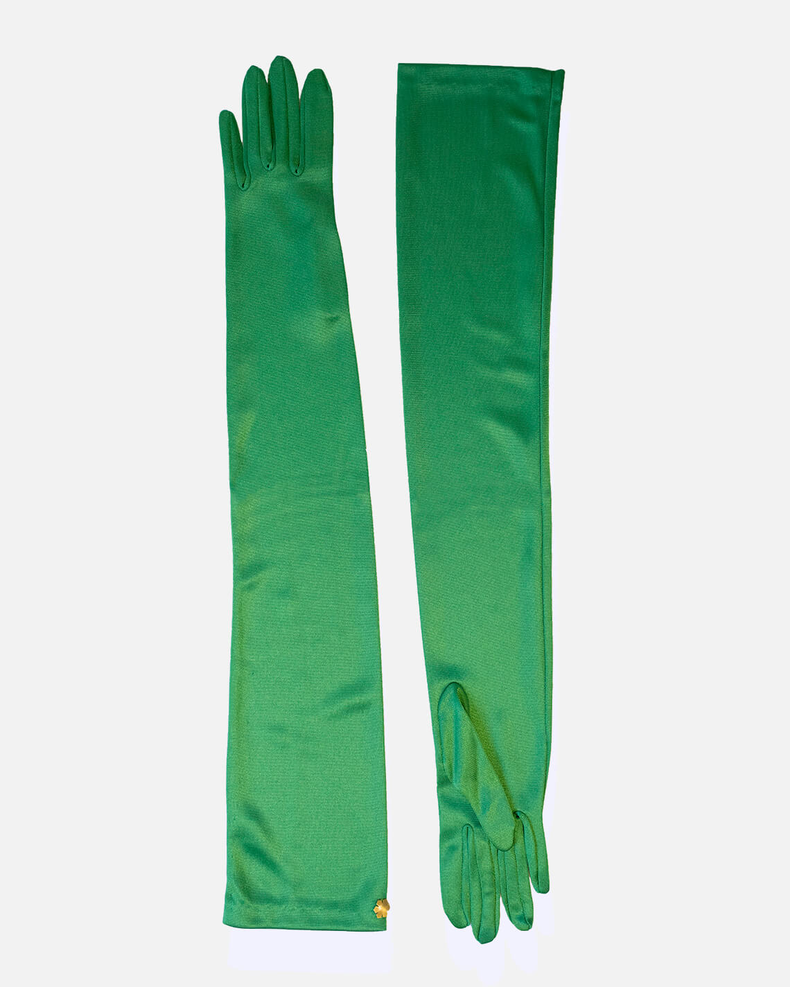 Elegant og klassisk skulderlange satin handsker fra RHANDERS, fremstillet i 100% nylon og prydet med en 14 karat forgyldt Kalmus bloms