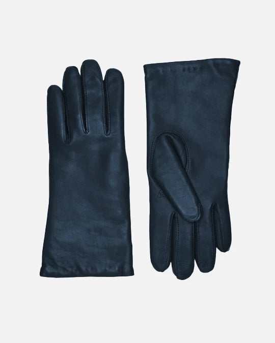Classic female leather gloves in navy and with warm wool lining, RHANDERS.