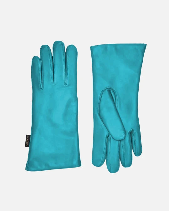 Classic female leather gloves in turquoise green and with warm wool lining, RHANDERS.
