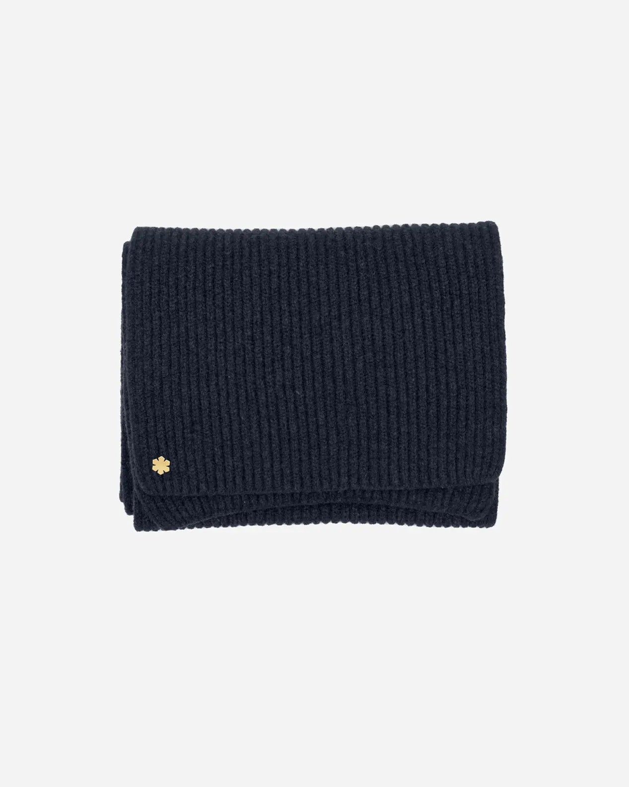 Navy Alex Scarf adorned with a 14 karat gold-plated Kalmus flower in one corner.