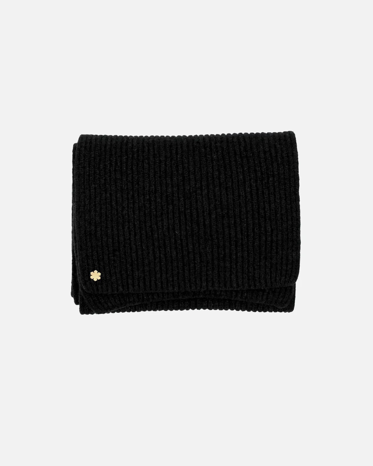 Black Alex Scarf for women adorned with a 14 karat gold-plated Kalmus flower in one corner.