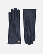Explore the classic glove for women, Anna, in navy. Crafted from butter-soft lamb leather with soft wool lining, and adorned with a 14 karat gold-plated Kalmus flower, RHANDERS.