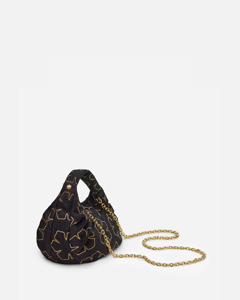 Unique handcrafted designer bag in wool decorated with the RHANDERS signature flower Kalmus in shimmering gold