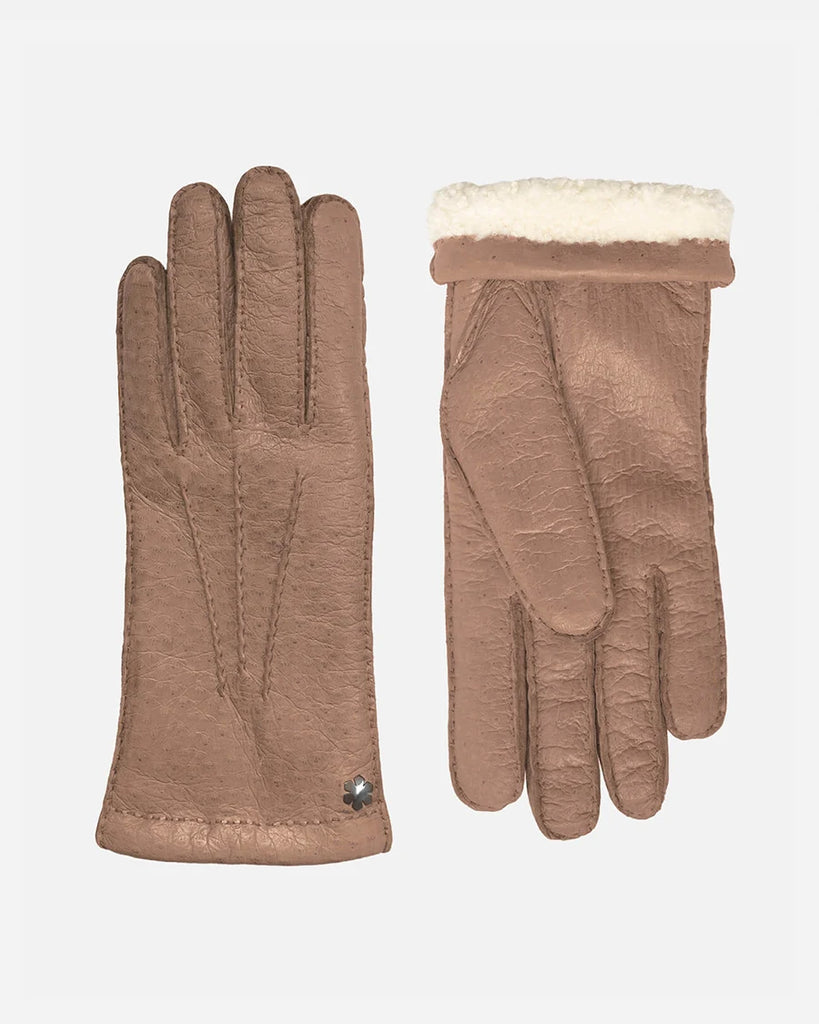 Taupe leather glove from RHANDERS with warm slink lamb lining.