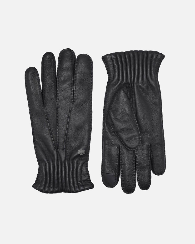 Modern men's leather gloves in black with warm wool lining, RHANDERS.