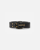 Elegant leather belt with twisted gold and leather buckle for a stylish and powerful look, made in Denmark by RHANDERS.