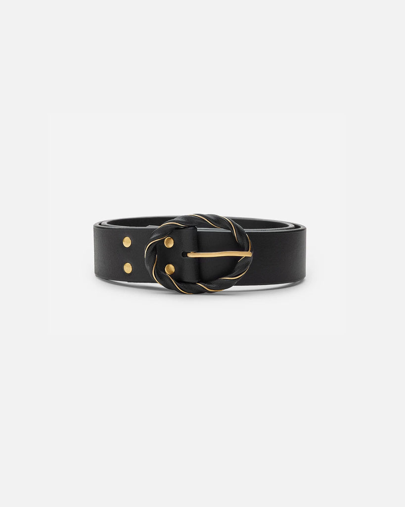 Elegant leather belt with twisted gold and leather buckle for a stylish and powerful look, made in Denmark by RHANDERS.