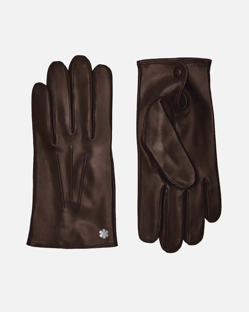 Brown leather glove for men with warm wool lining and touch technology from RHANDERS