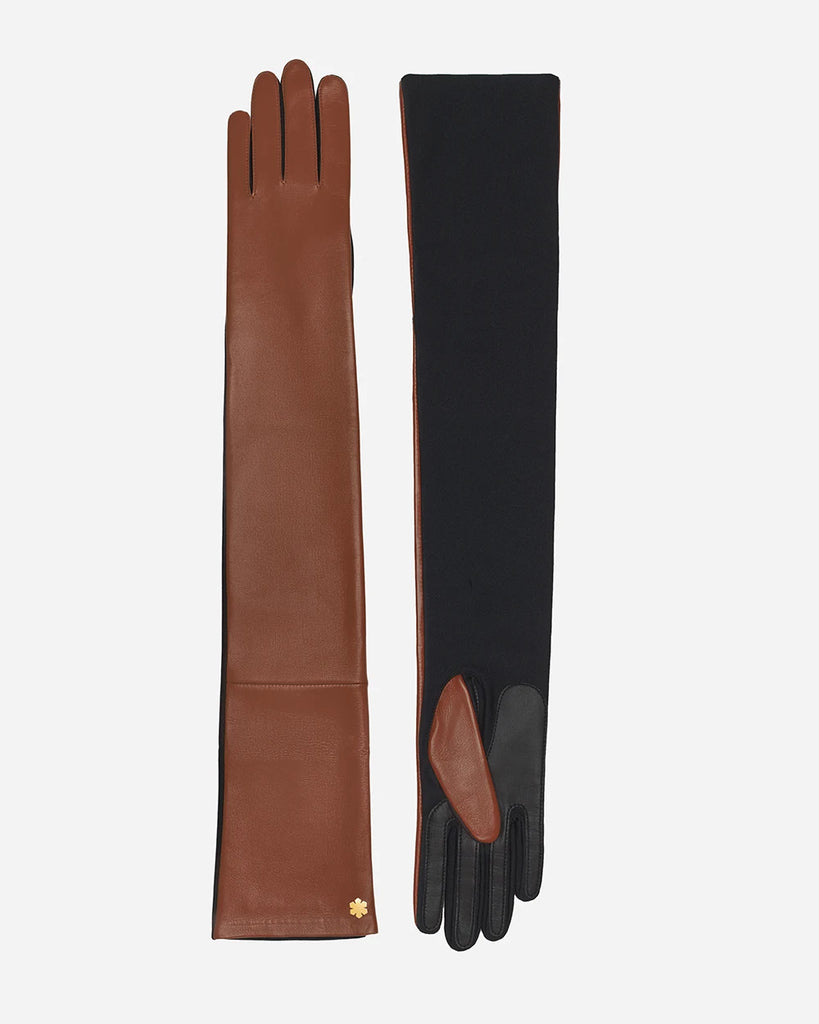 Stylish long cognac leather gloves, one-size fit from RHANDERS.