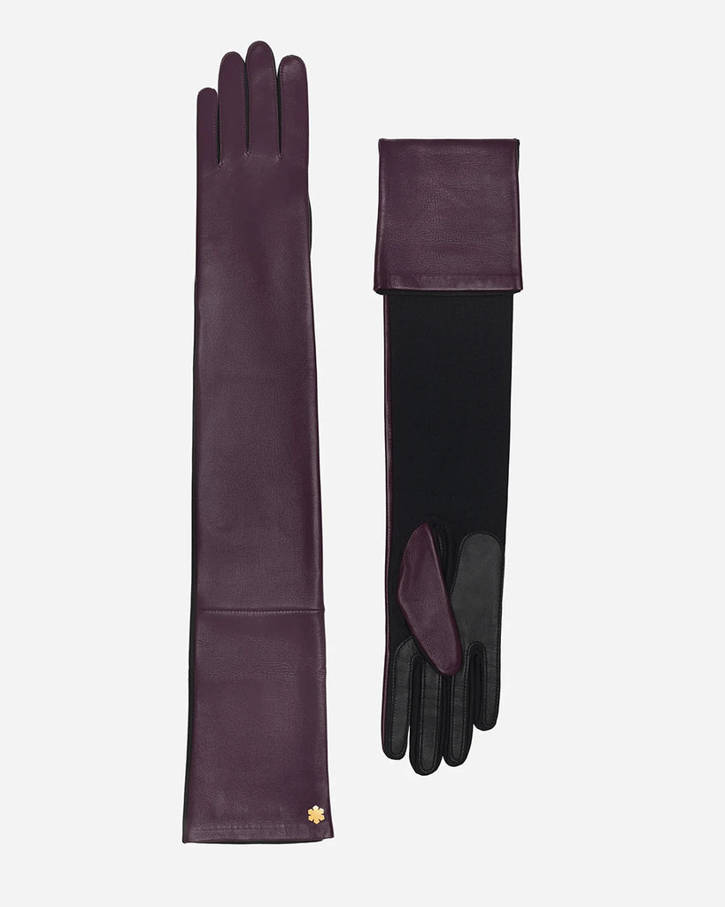 Elegant long leather gloves for women in plum, one-size fit from RHANDERS.