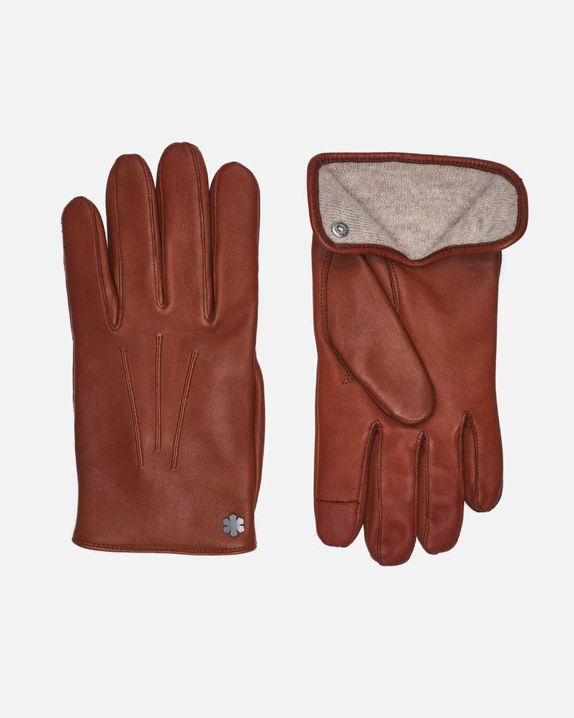 Cognac leather glove 'Winston' for men with warm wool lining and touch technology from RHANDERS