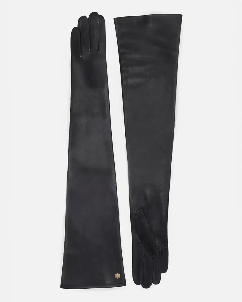 Elegant black 16" long leather gloves for women, from RHANDERS.a