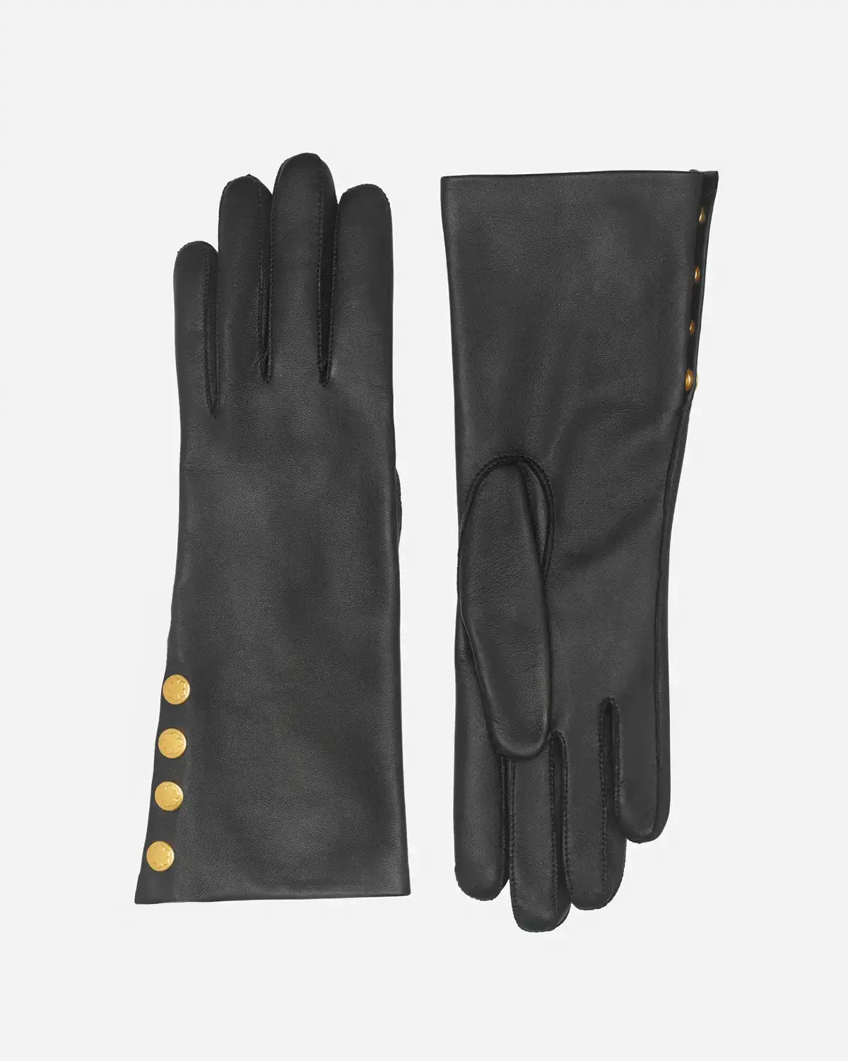 Feminine and elegant black gloves from RHANDERS. Buttersoft lamb leather, with 14K gold plated details.