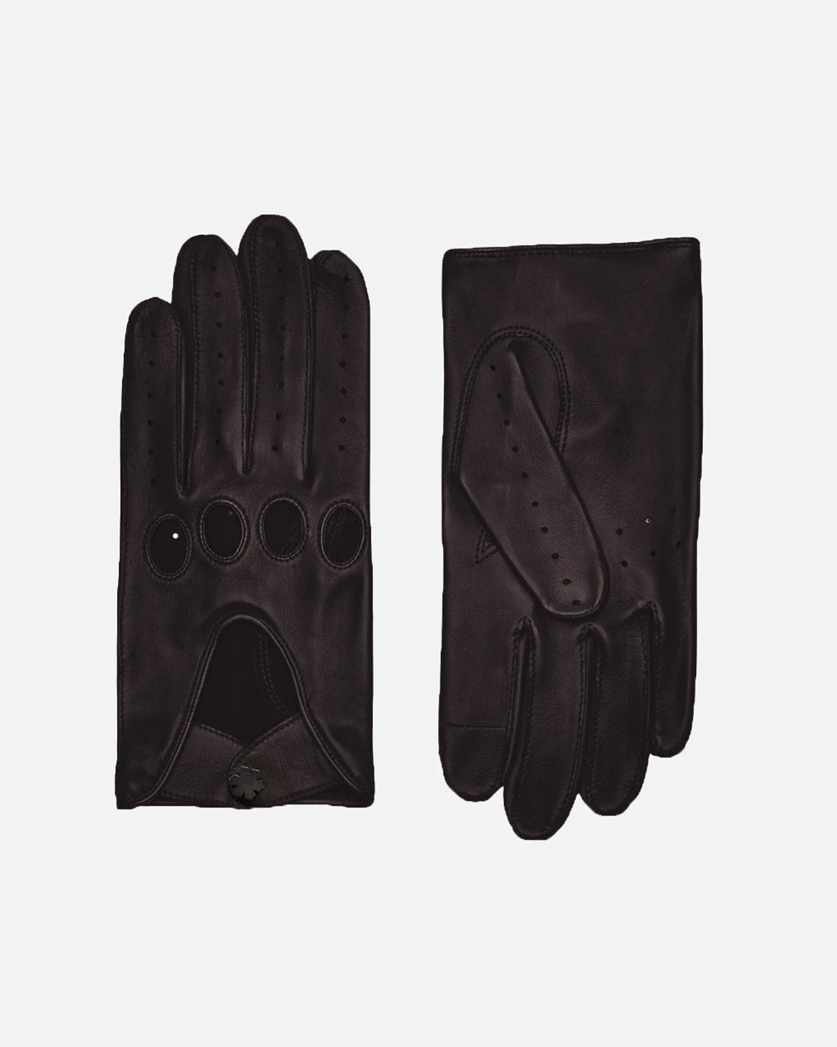 Classic driving gloves for men, the Frederik Rolls-Royce gloves in brown from RHANDERS made from butter-soft lamb leather with a matte black Kalmus flower snap button for optimal comfort