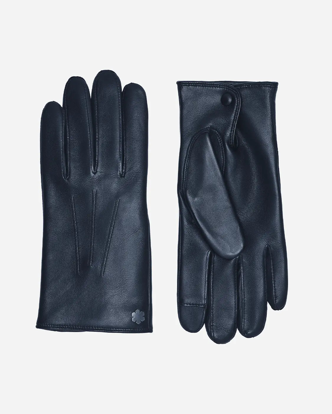 The classic leather glove for men, Winston, in navy. Adorned with a hematite Kalmus flower and lined with wool-blend, RHANDERS.
