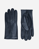 The classic leather glove for men, Winston, in navy. Adorned with a hematite Kalmus flower and lined with wool-blend, RHANDERS.